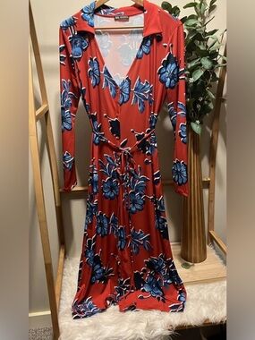 Zara Floral Shirt/Button Down Maxi Dress - Burnt Orange with Blue Floral